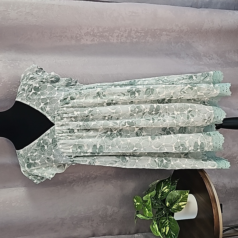 Mint Floral Lace-Trim V-Neck Dress